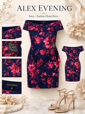 Alex Evenings Navy Fuchsia Floral Off Shoulder Sheath Dress 22W NWT